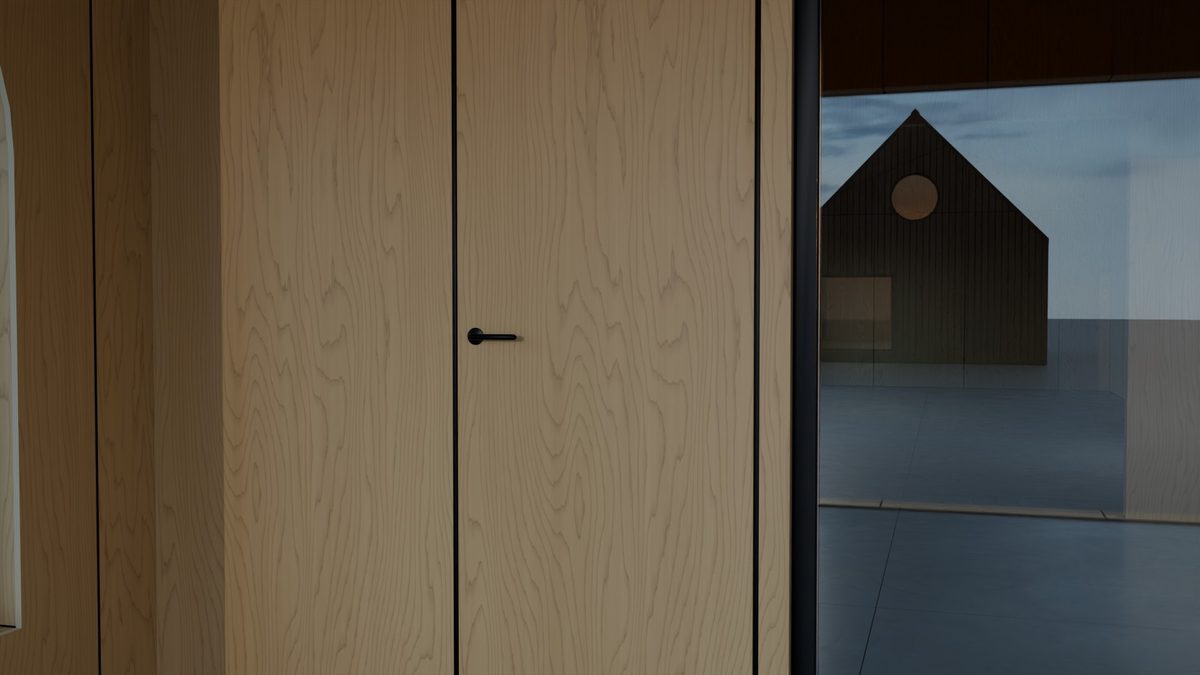 Concealed door flush with the birch lining