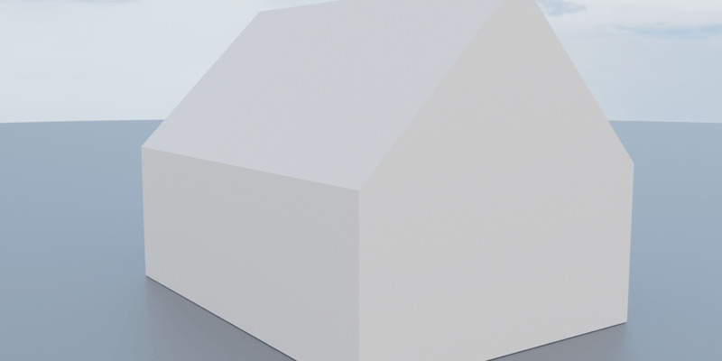 A grey gable box becomes a clad cabin with a standing seam roof, on a slow orbit