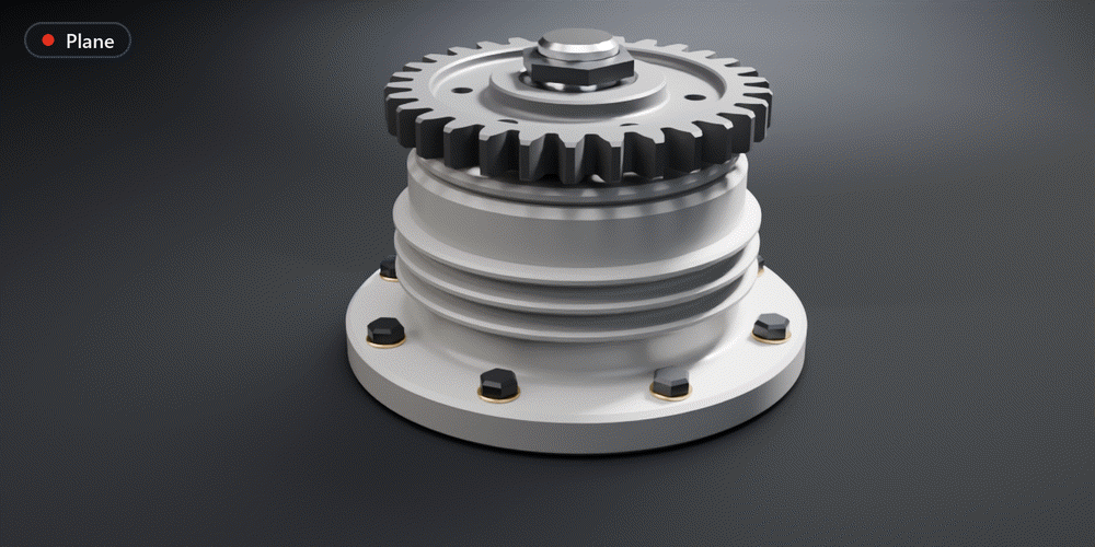 One bearing housing cut by a Plane, then a Box, a Wedge and a Corner, each sliding in