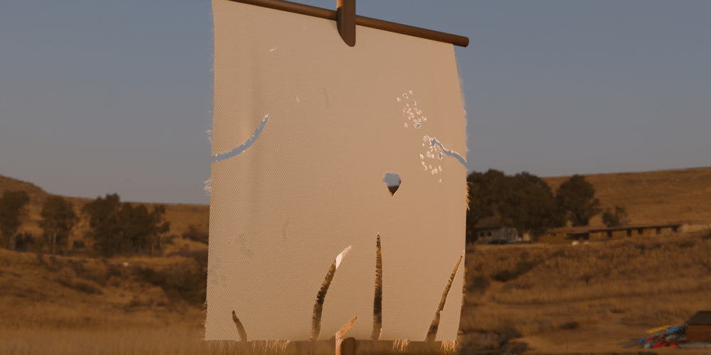 A canvas square sail at dusk; long rips run up from its foot and in from the sides