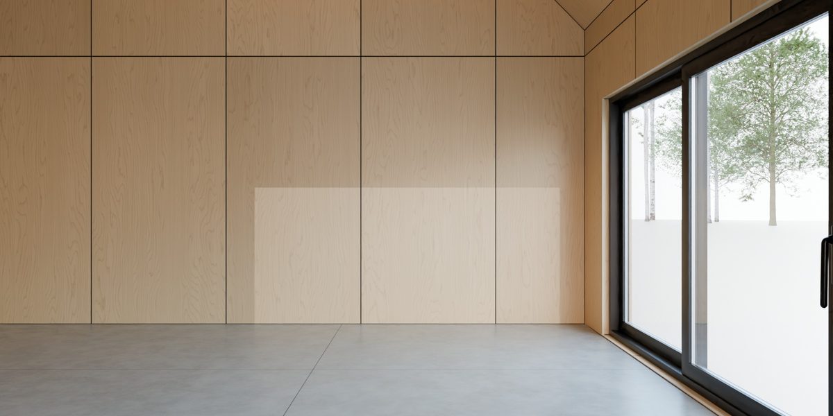 Birch plywood interior with shadow gaps and a lift-and-slide door