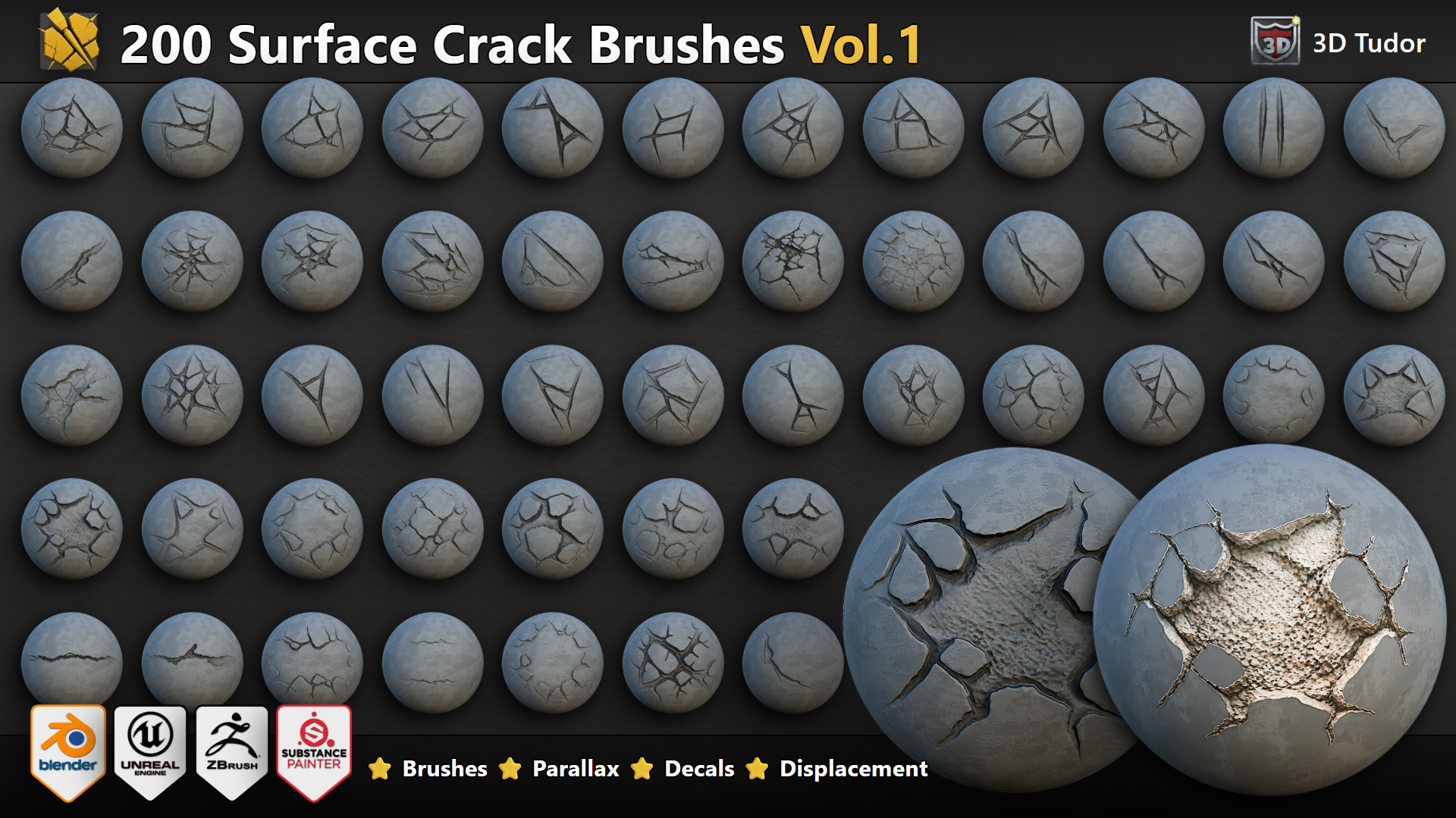 Surface Crack Brush and Decal Pack Vol.1 showing 50 crack designs across four software lanes