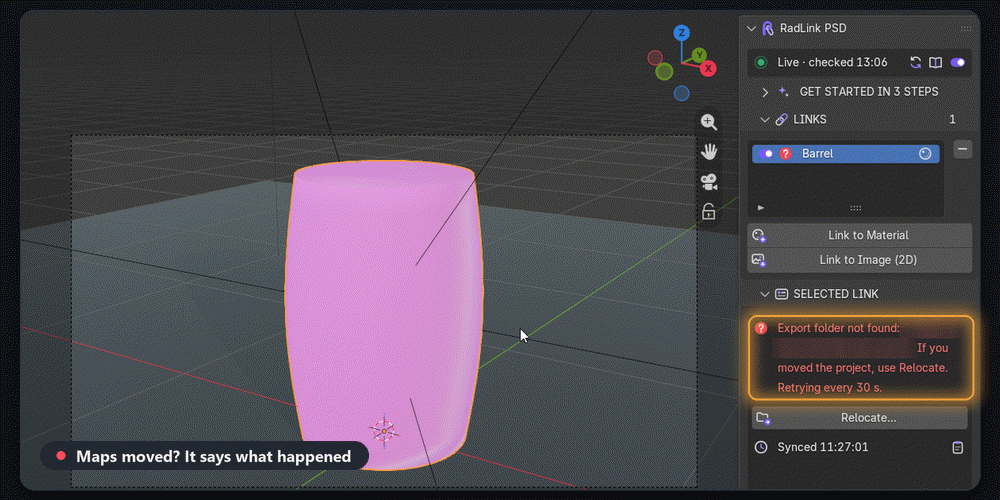 The RadLink tab says the maps moved, Relocate is clicked, and the barrel is up to date again