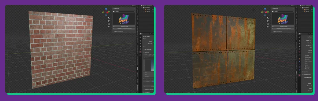Create complex scenes in seconds with Spraycast for Blender - spray systems on a brick wall and a rusty metal surface