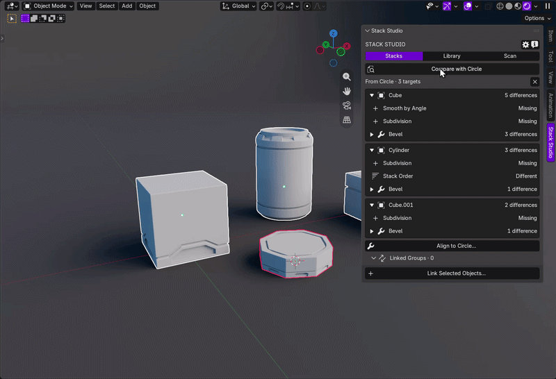 Stack Studio reviewing and applying an Align plan to selected Blender modifier stacks.
