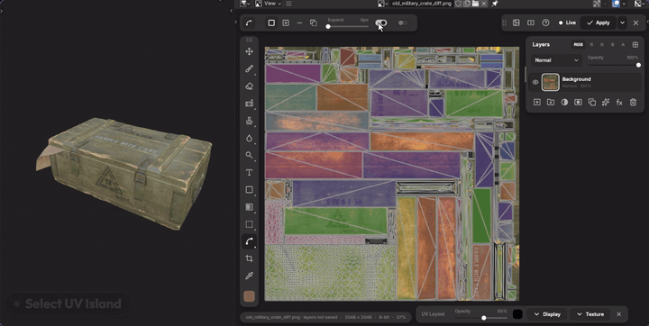 Select UV Island on the image, and picking an island on the model