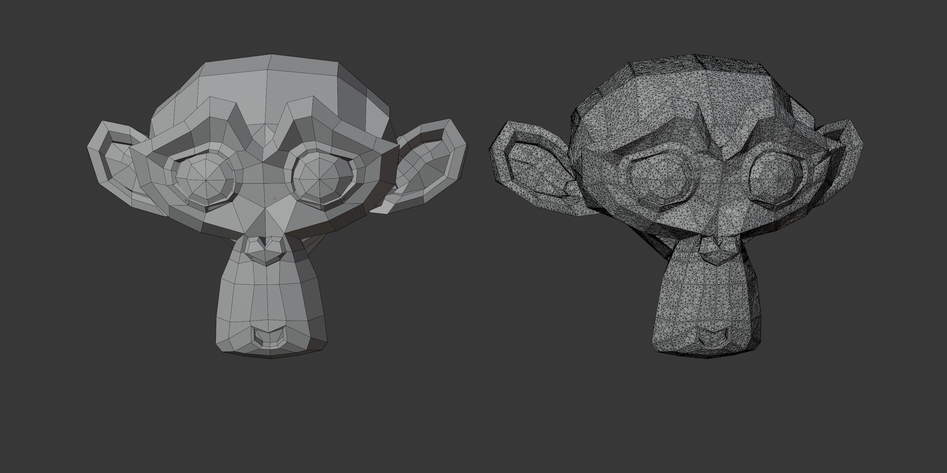 Original Suzanne mesh on the left and tessellated Suzanne mesh on the right