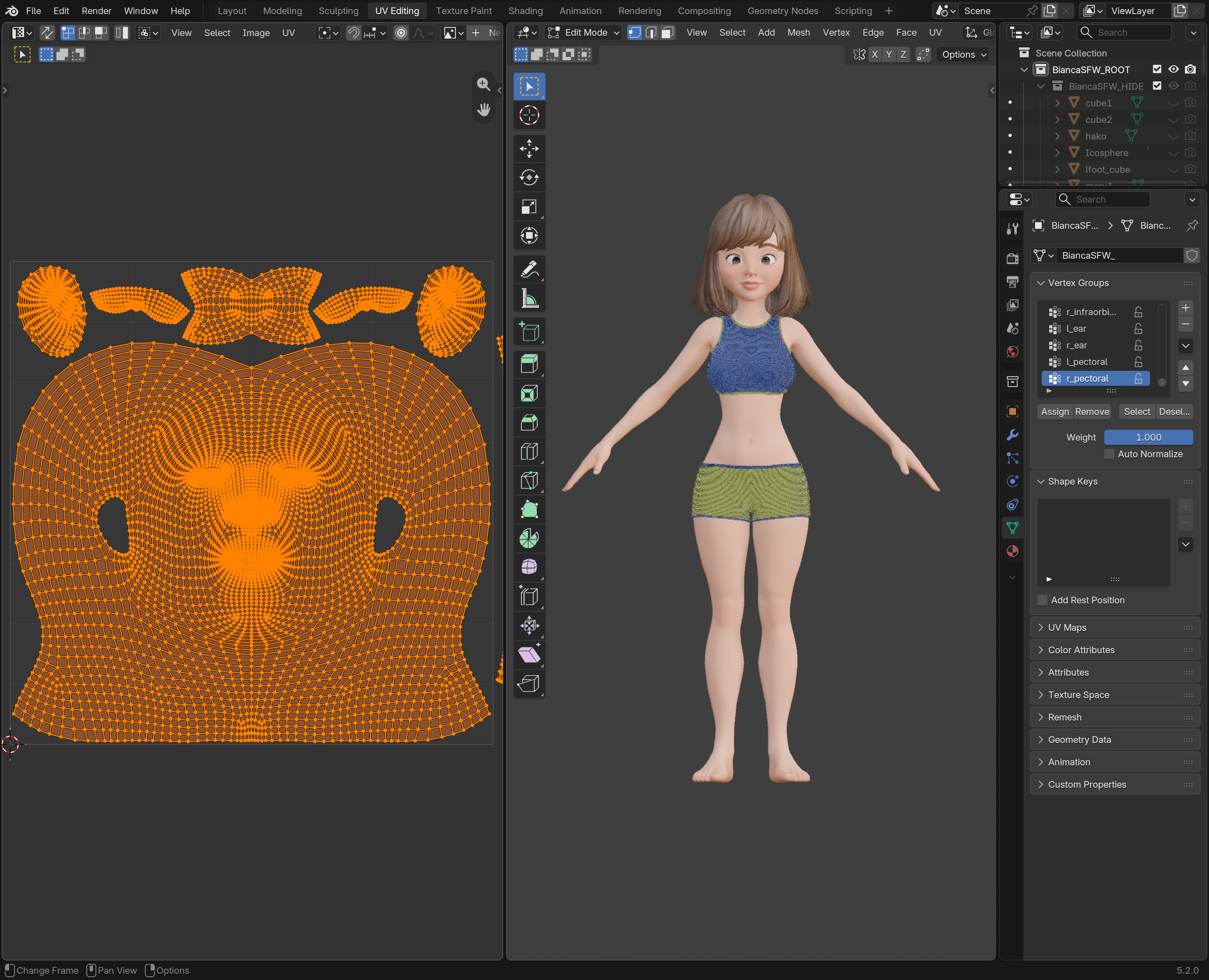 Bianca SFW Blender 5.2 UV Editing workspace with unfolded body UV layout