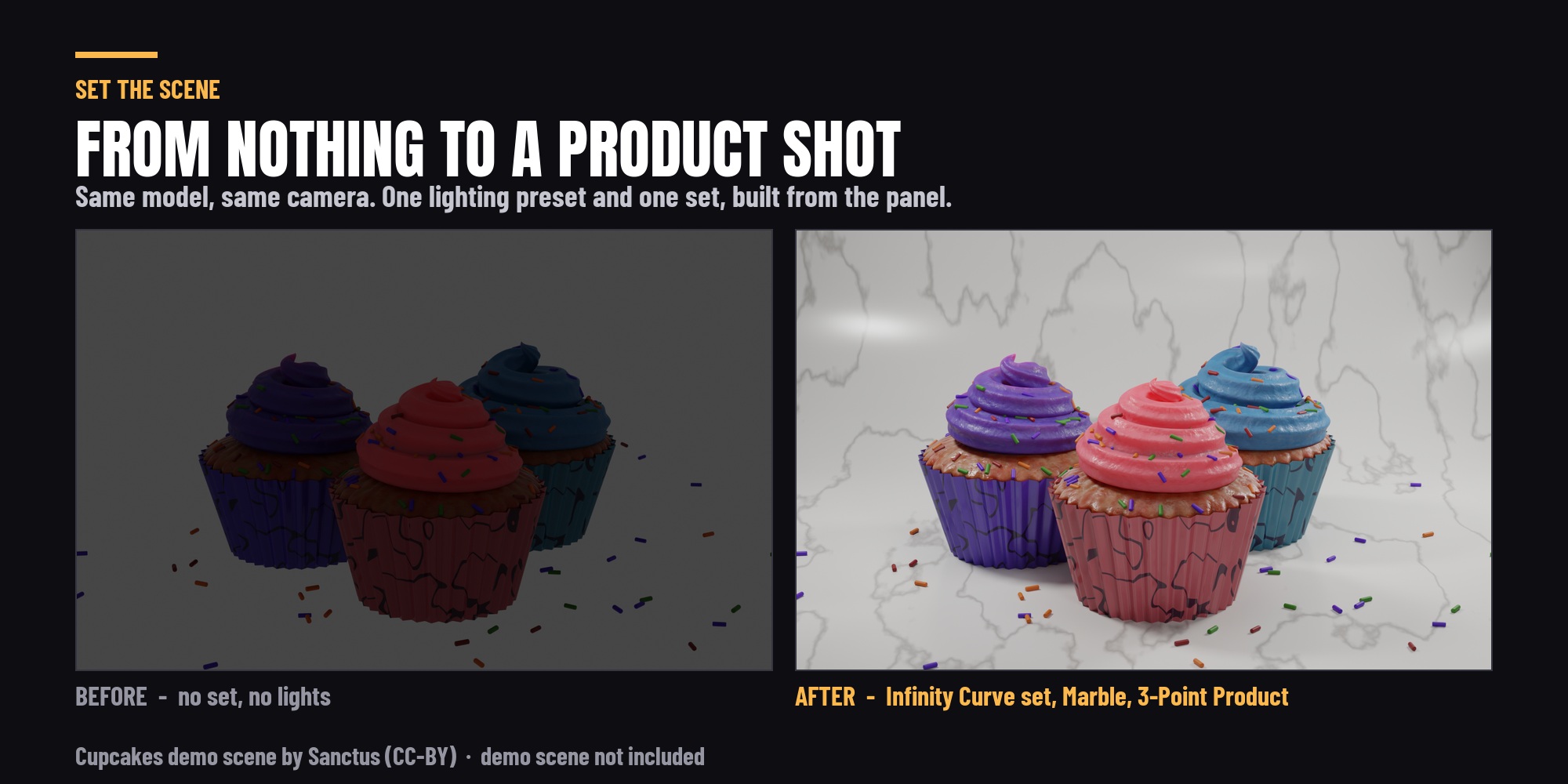 The same subject before and after: floating on grey, then lit and standing on a set