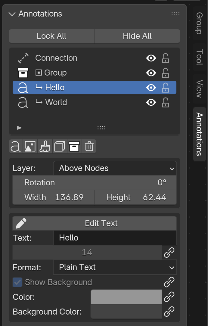 Annotation settings in the Node Graph Extras panel