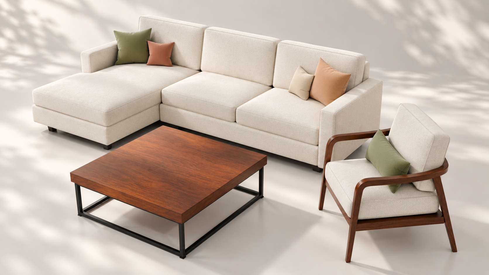 Front view of sectional sofa, armchair and coffee table
