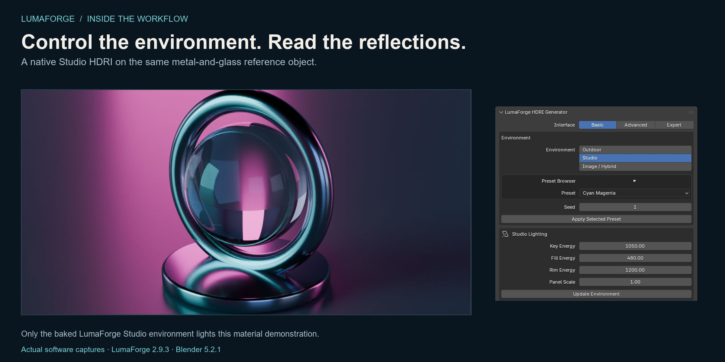 Native Studio HDRI on a metal and glass reference object with LumaForge controls