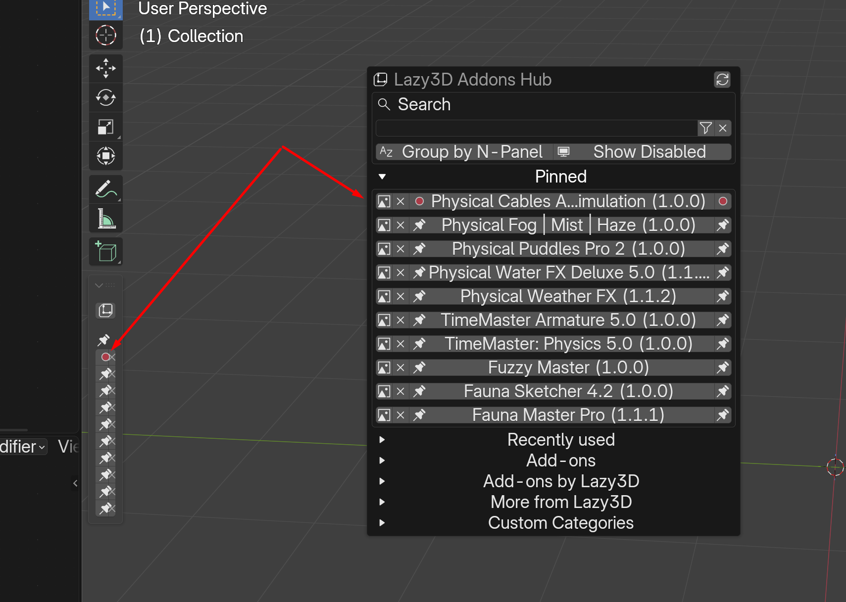Pinned addons in toolbar