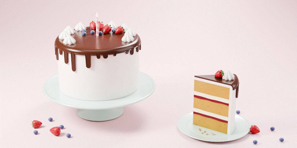 A layered cake: a Wedge cut slides in and shows the sponge, jam and cream layers