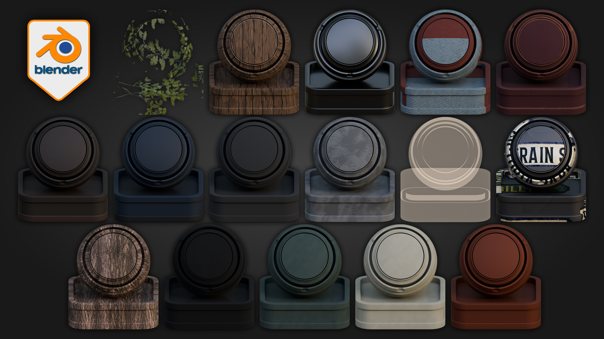Victorian themed Blender shader contact sheet for aged masonry, worn wood, moody glass, painted surfaces, and period details