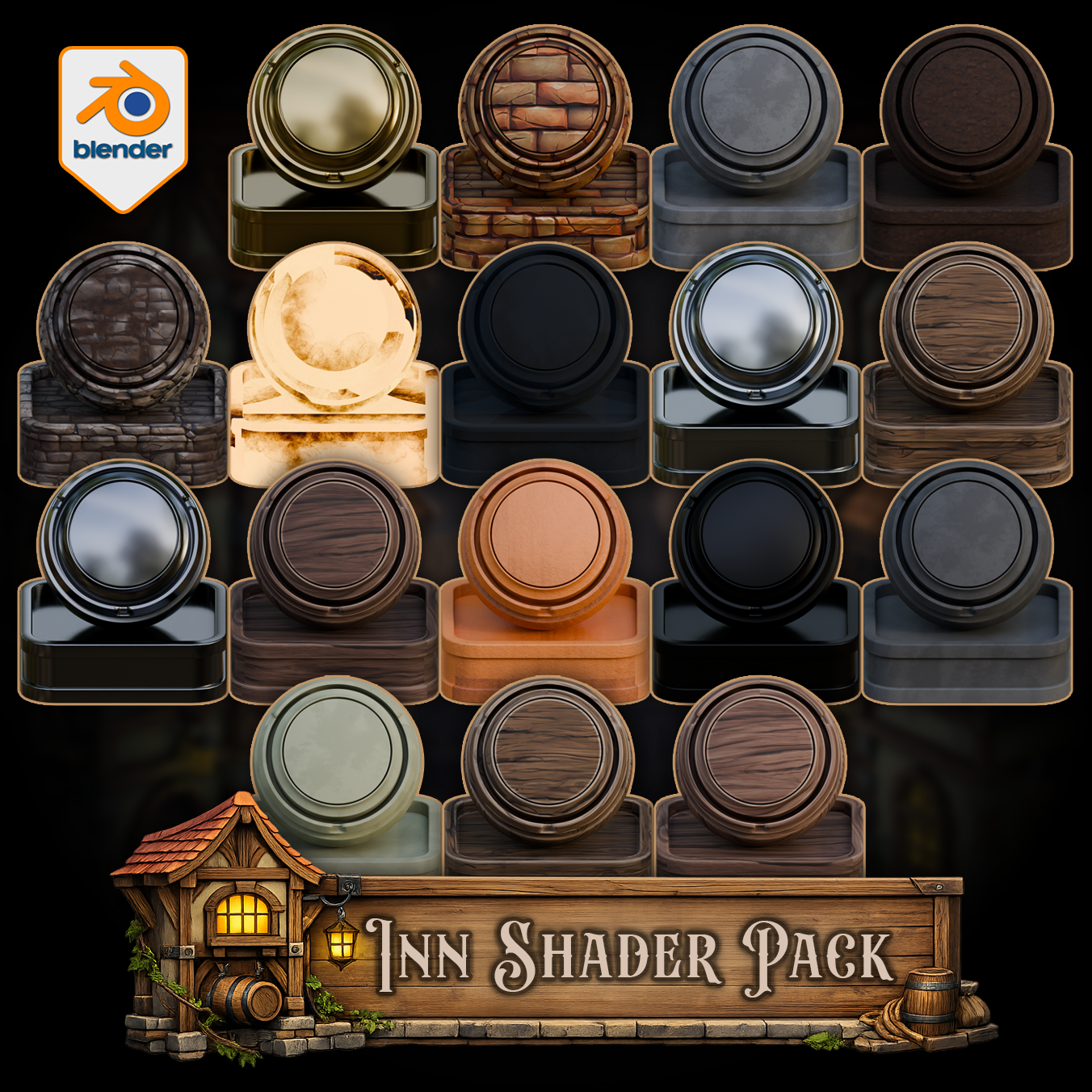 Stylized Medieval Inn Shader Pack with 17 material previews for tavern, inn, and fantasy village surfaces.