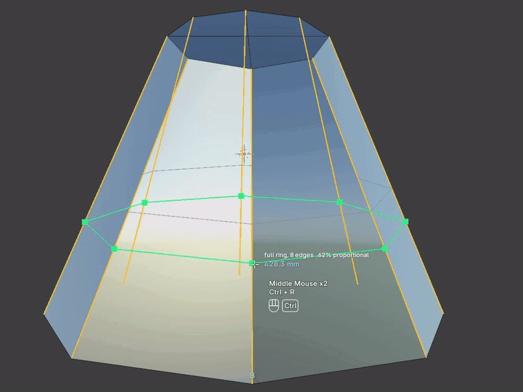Shift plus mouse wheel shrinks a loop cut from the full ring of 8 edges down to 3 edges and back, with the reach shown in the viewport header
