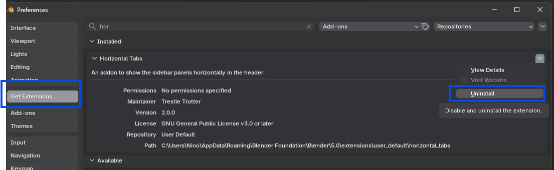 Uninstall previous versions in Blender Preferences