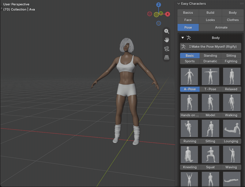 Easy Characters: posing a character by hand with the Rigify controls, then keeping the pose