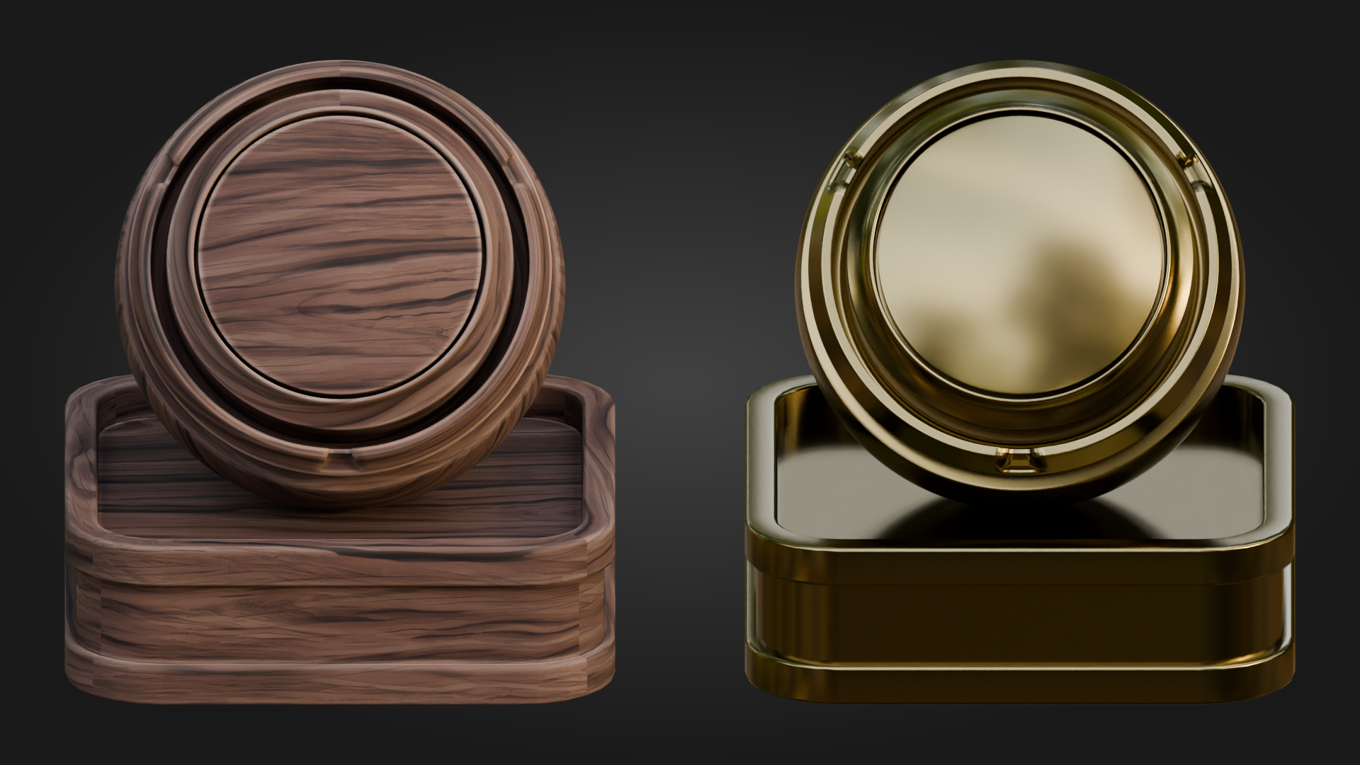 Barrel-style wood and brass material comparison for the Stylized Medieval Inn Shader Pack.