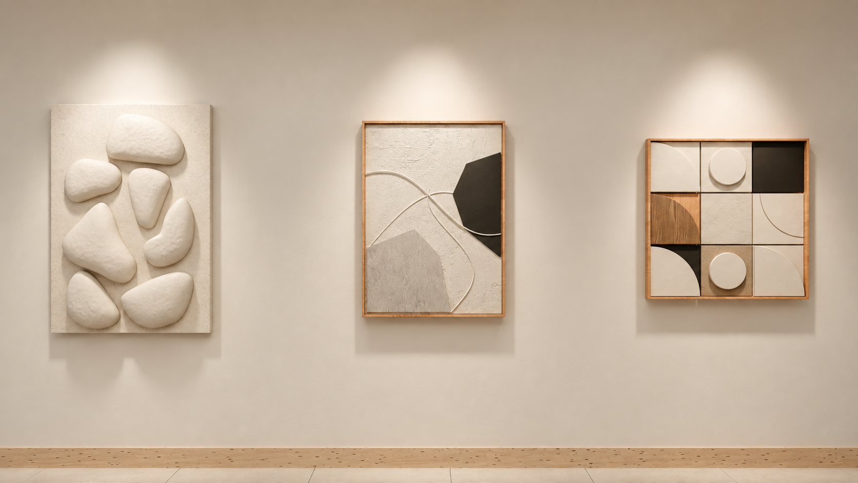 Pebble relief, abstract framed artwork and geometric wall composition
