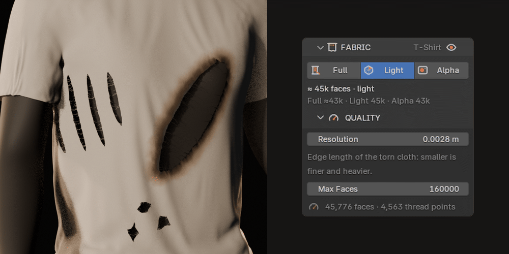 The FABRIC panel switching between Full, Light and Alpha, with the face count of each