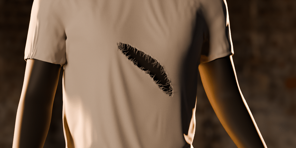 One rip on a T-shirt: it opens wider, its border chars, it moves down the chest, is deleted and comes back