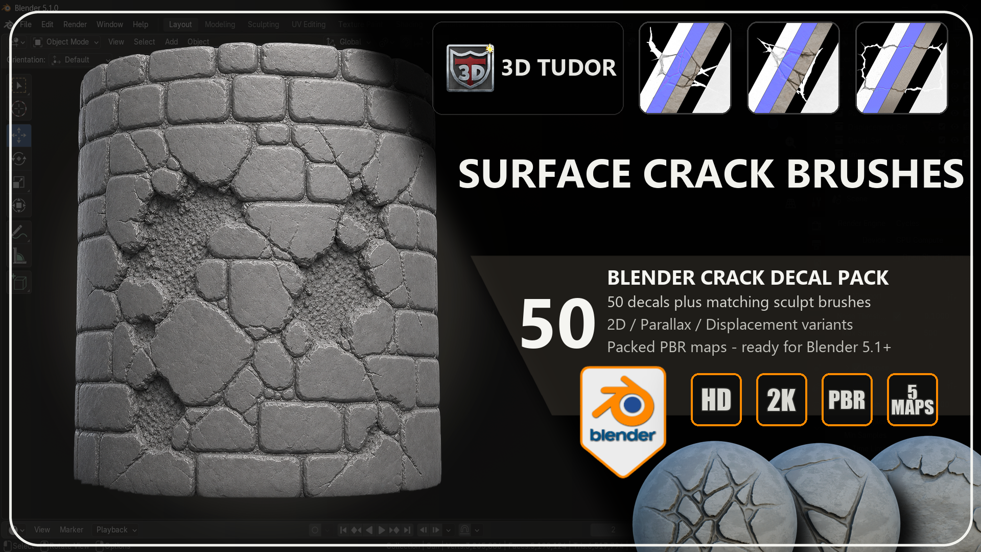 Blender surface crack decal and brush pack showing 50 designs