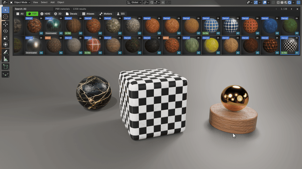 Dragging PBR materials onto a cube in Blender