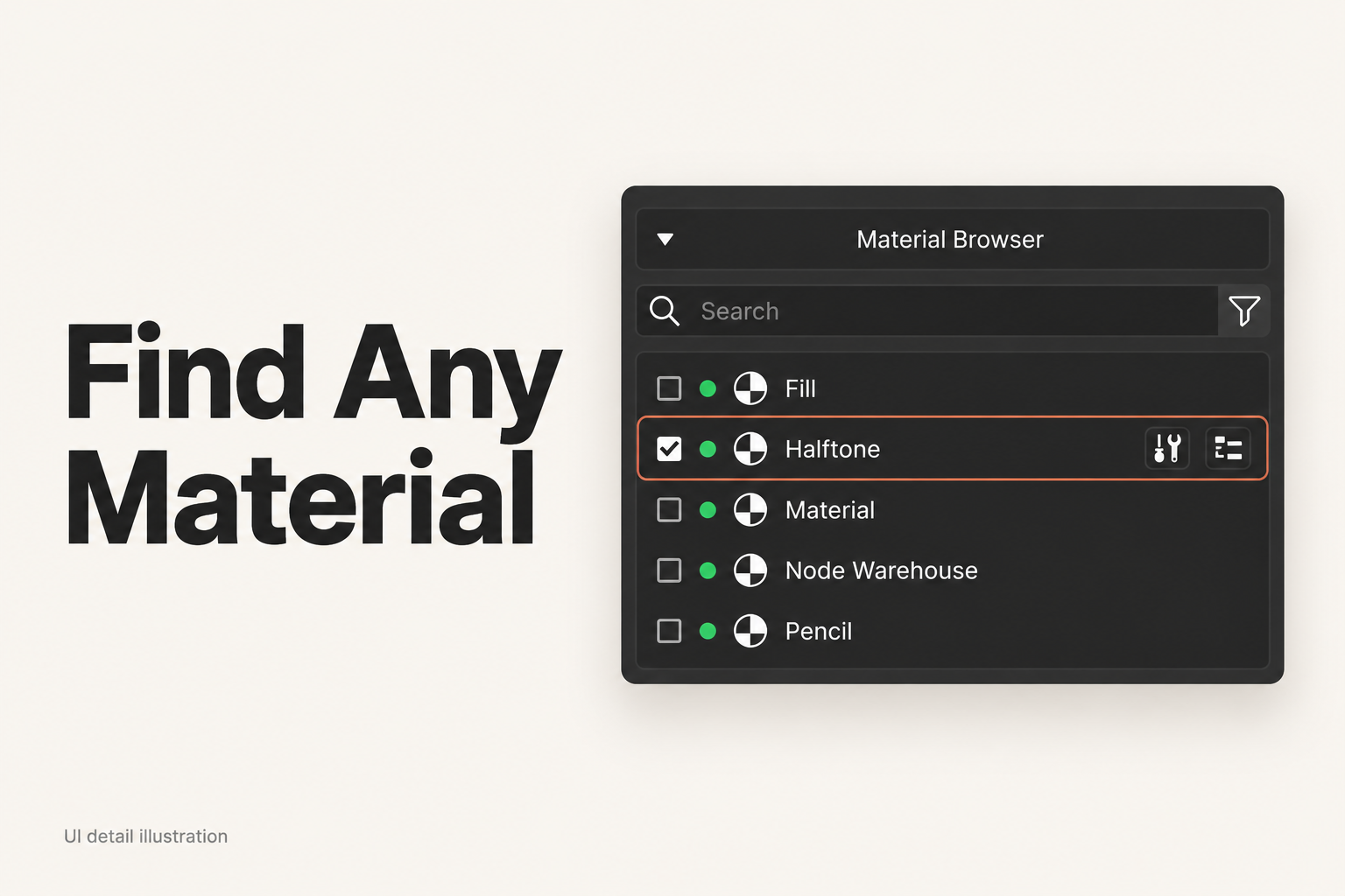 Find Any Material — search and filter the material browser, then locate objects using a material.