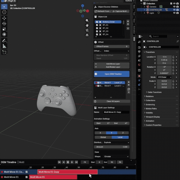 DEM multi-object animation system