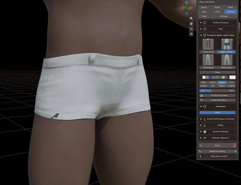Easy Characters: brushing on a pair of shorts where they should sit looser