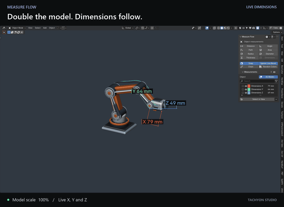 Animated ATLAS inspection arm scaling from 100% to 200% while live sensor dimensions update from 79 × 64 × 49 mm to 158 × 128 × 98 mm.