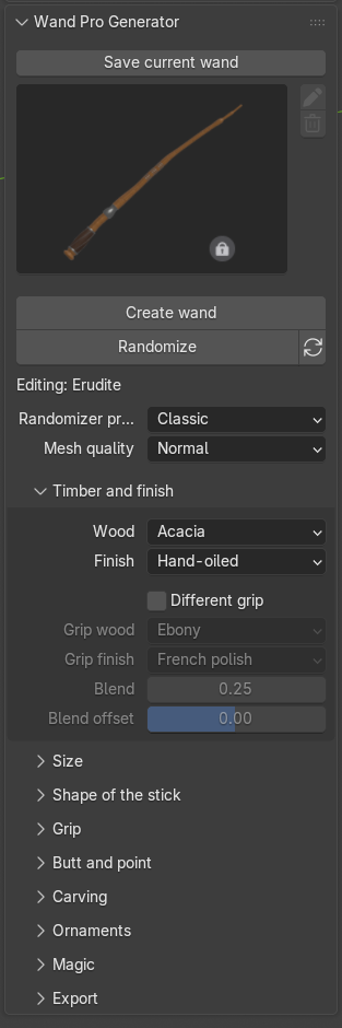 The Wand Pro Generator panel in Blender's sidebar: library, timber, carving