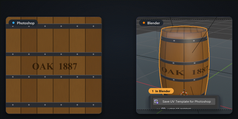 The UV layout as a guide layer in Photoshop, a stroke along the band, the barrel in Blender