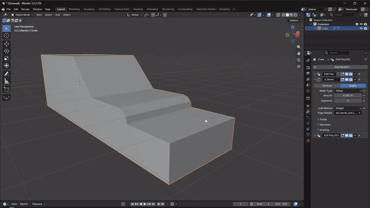 Edit Poly Modifier for Blender: Change the edges affected by a Bevel, then continue modeling in another Edit Poly layer.