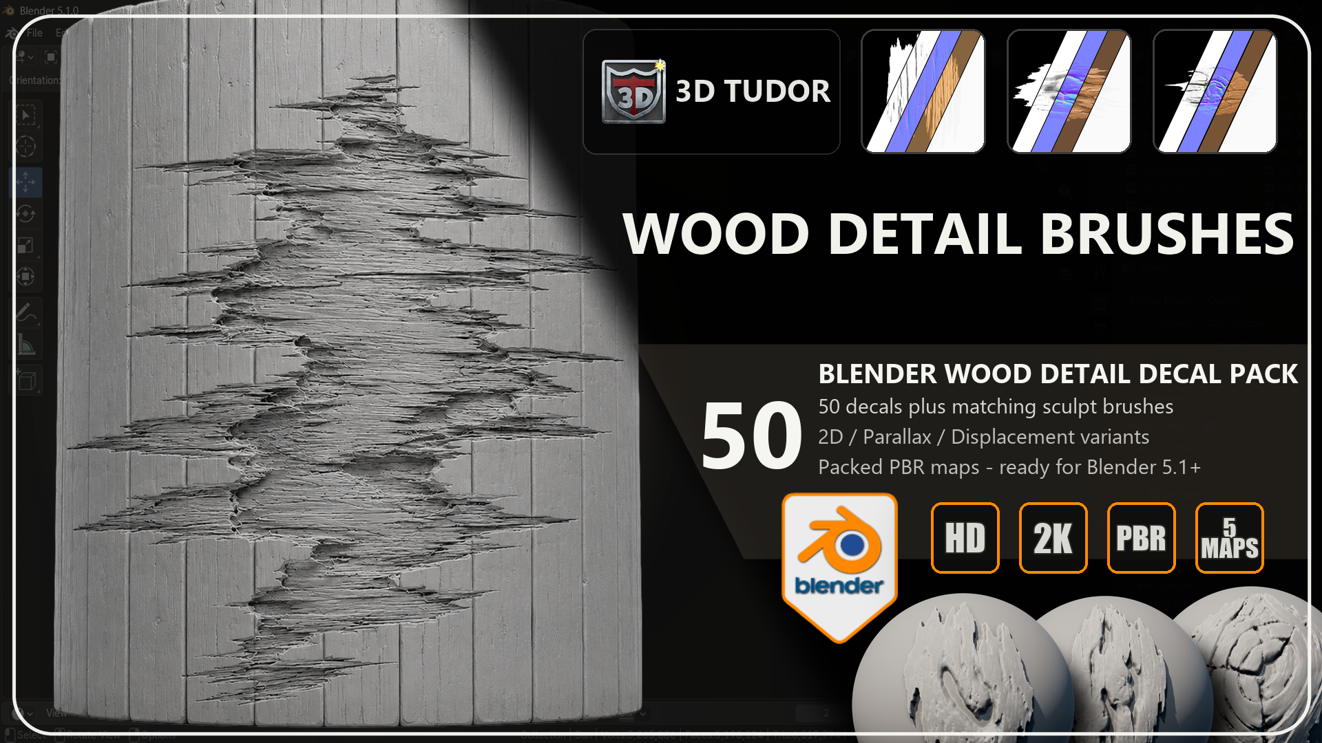 Blender wood detail decal and brush pack showing 50 designs