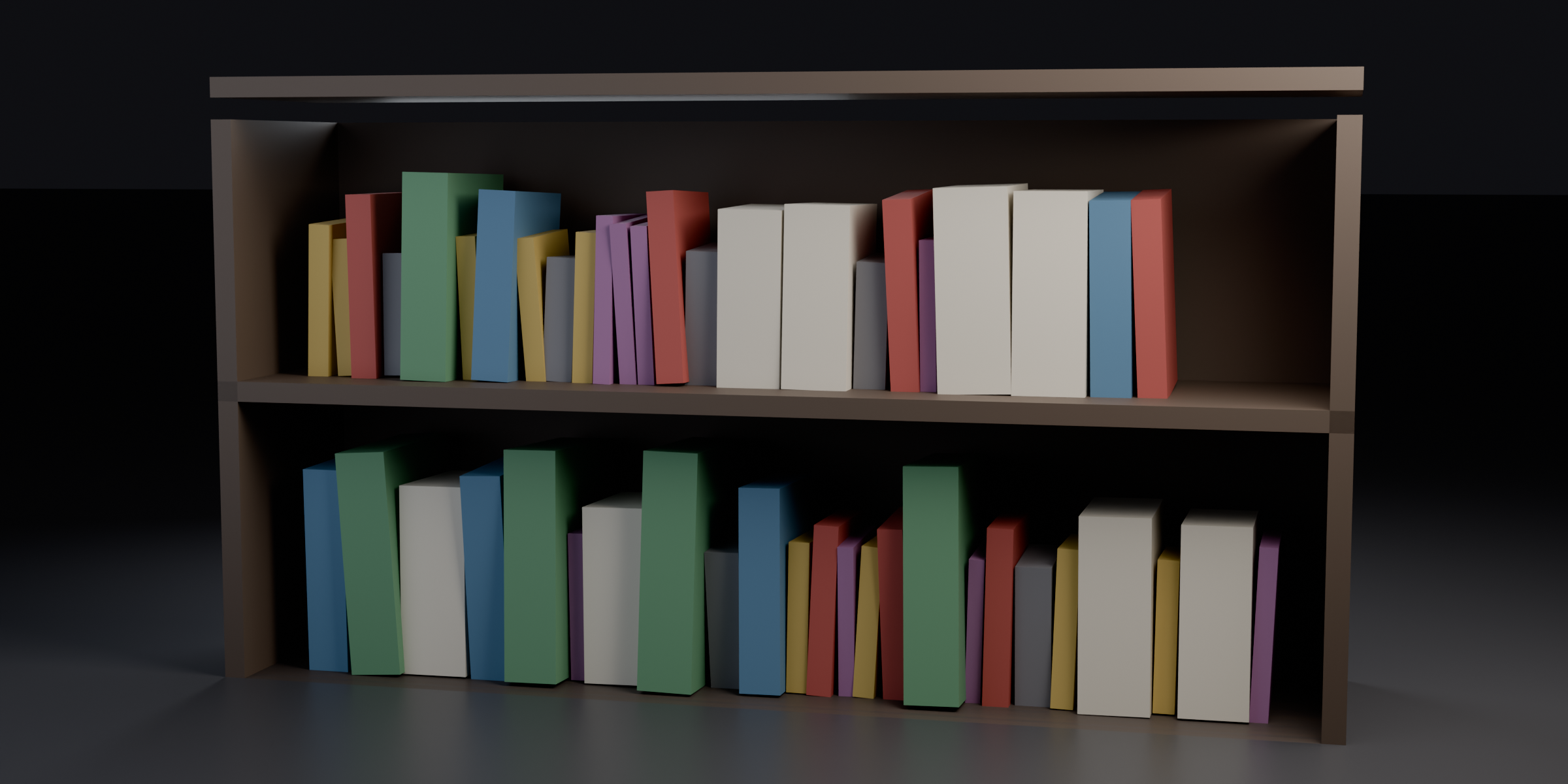 Two shelves of books packed in a row