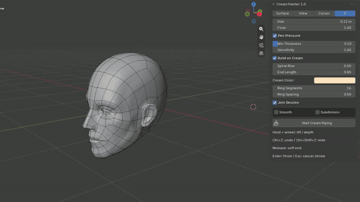 Cream Painter Surface mode following a model surface