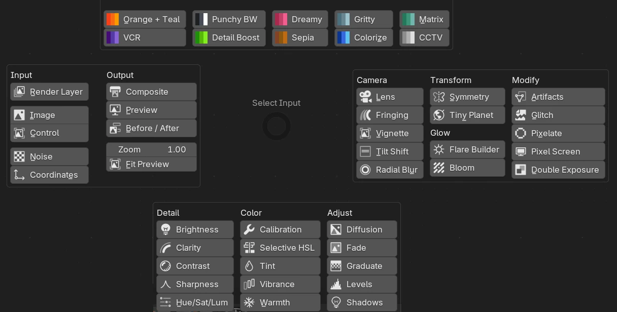 Post FX pie menu in Blender's compositor