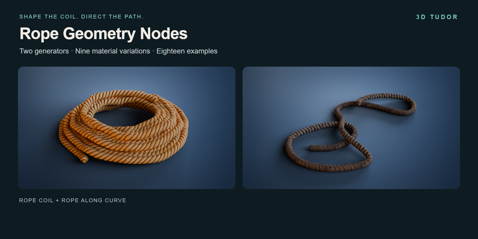 Golden rope coil beside a weathered brown rope with loose loops, presented on a dark teal product panel.
