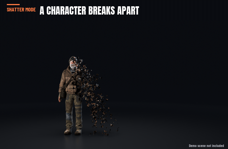 A rigged character breaking into shards