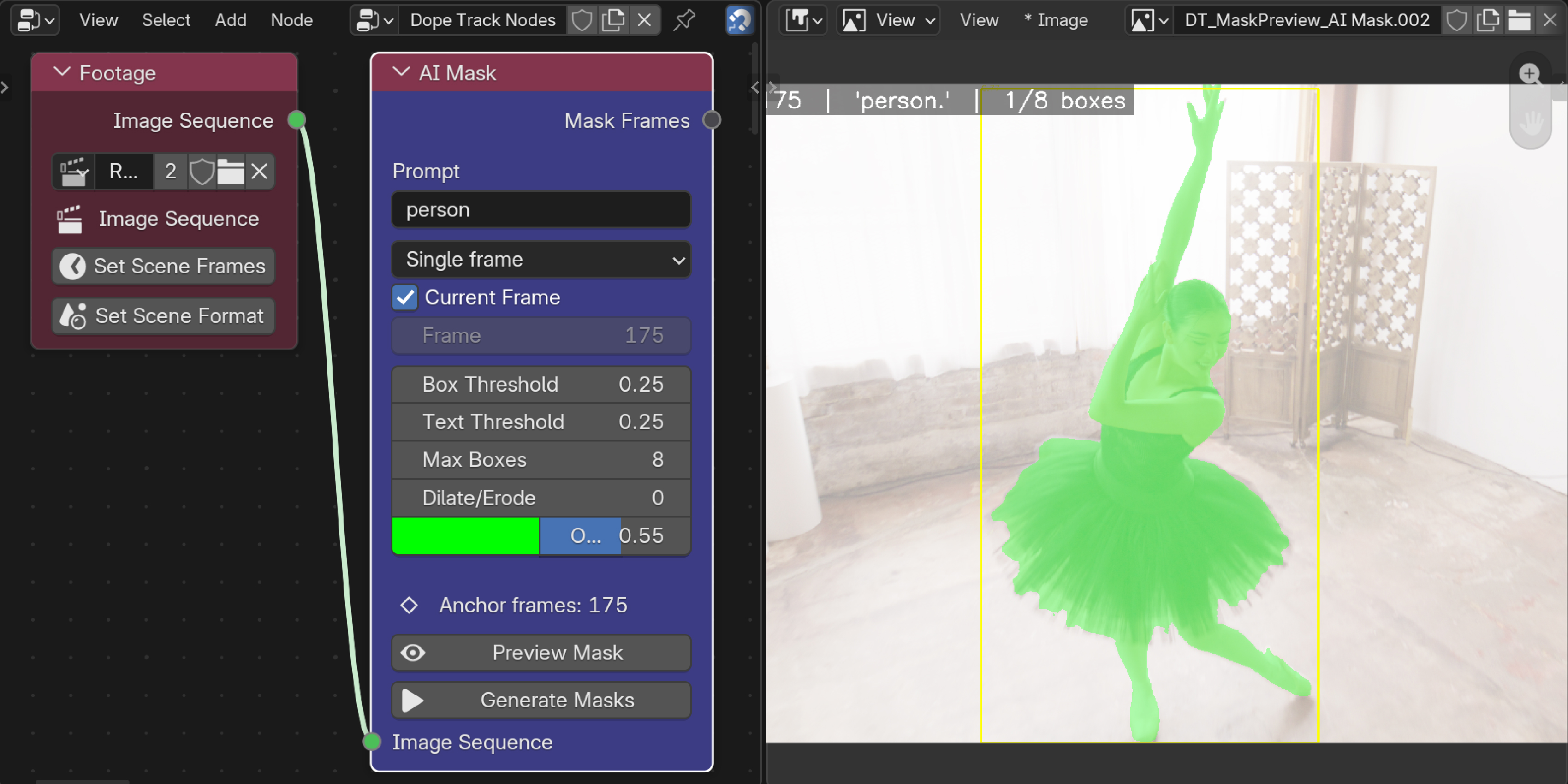 Dope Track AI Mask node previewing a person mask inside Blender