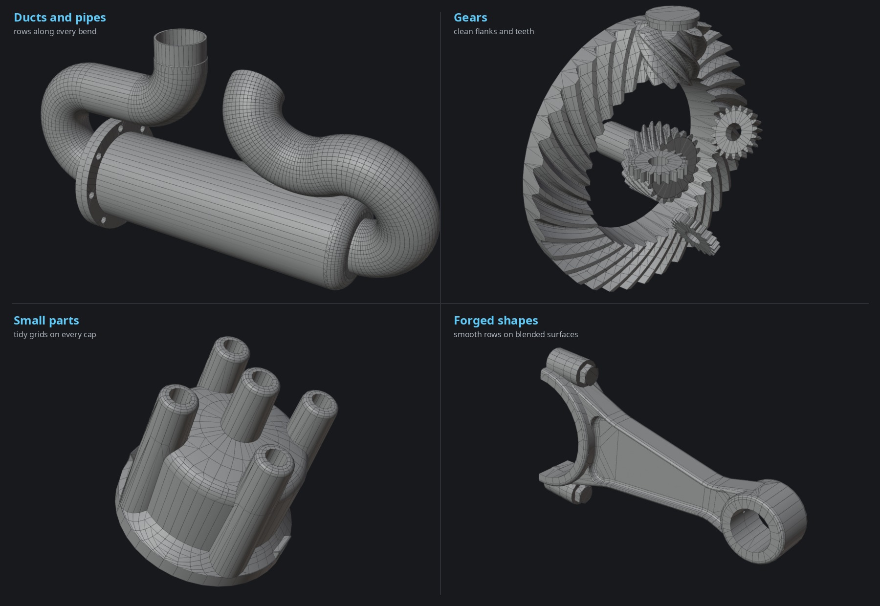 AngelSTEP 2.0 meshes: ducts, gears, a distributor cap and a connecting rod