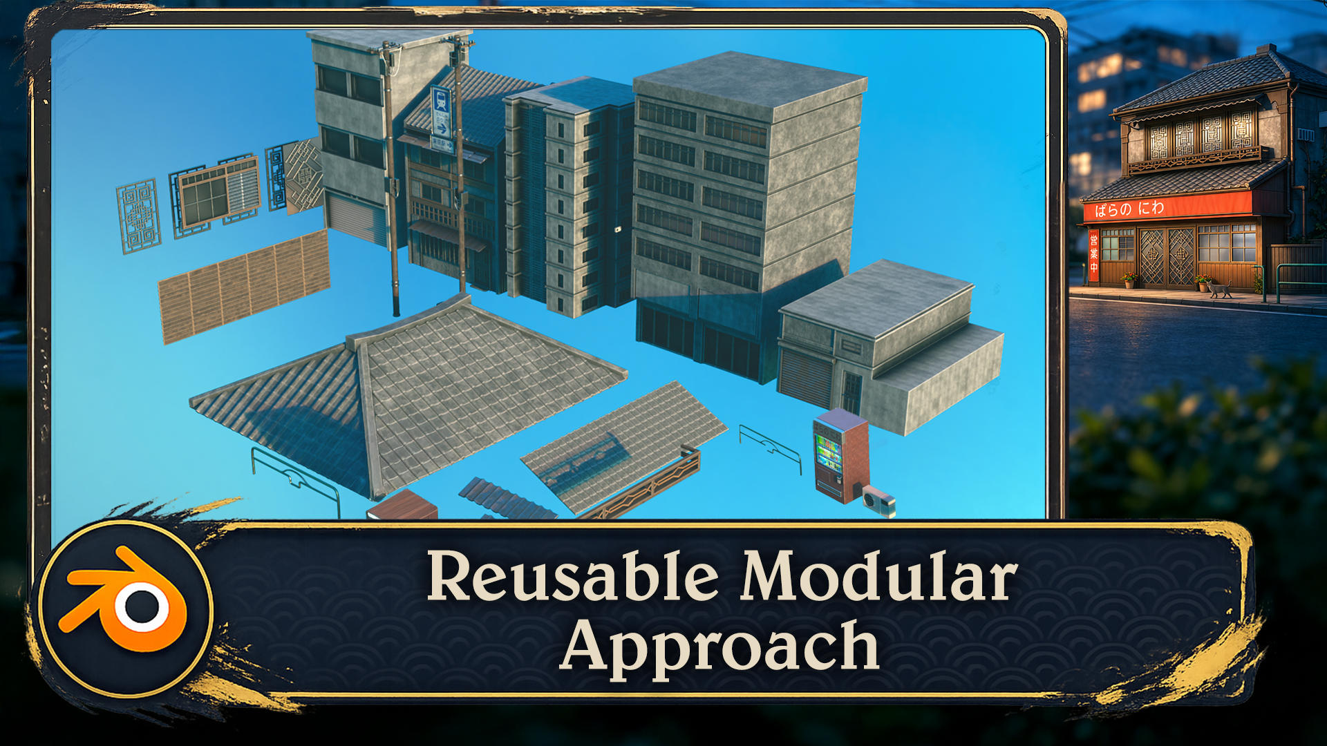 Modular Japanese building pieces in Blender