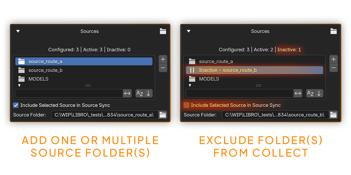 LIBRO Source Collector collecting blend files from multiple source folders
