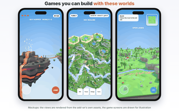 Three phone mockups of games made with these worlds: a platformer, a hex strategy board and an open world
