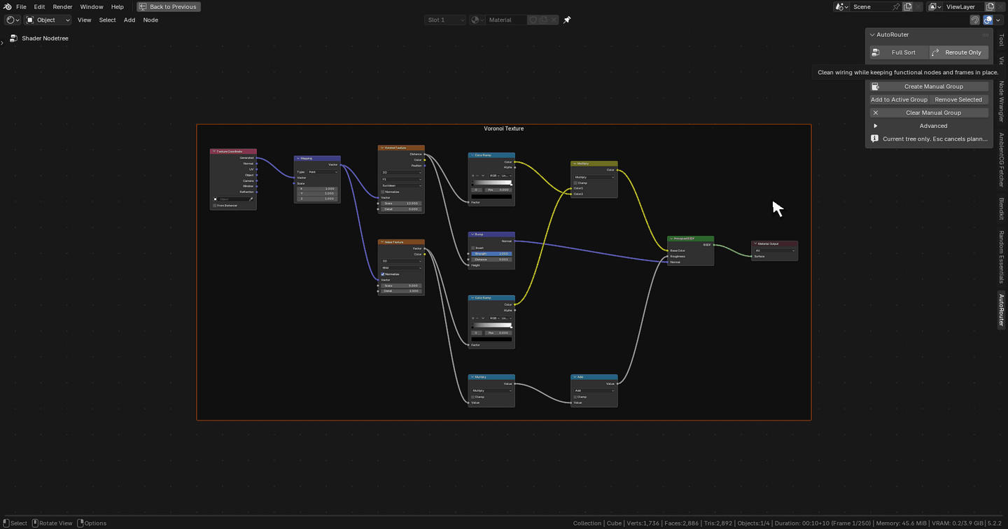 Recorded Reroute Only tutorial: cursor clicks the button and wires are routed while functional nodes remain in place.