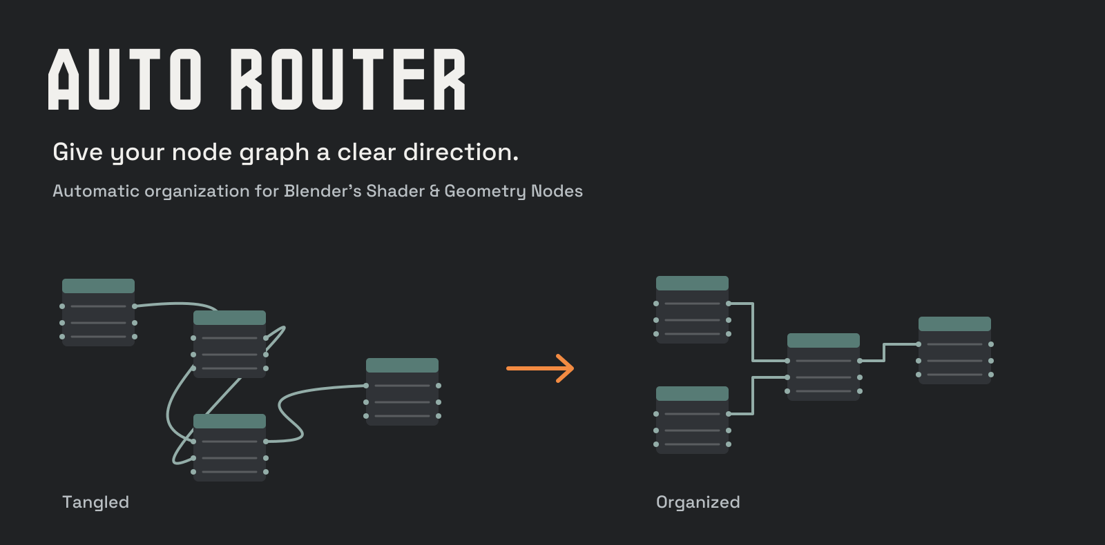 Auto Router: automatic organization for Blender Shader and Geometry Nodes. Schematic tangled and organized graphs.