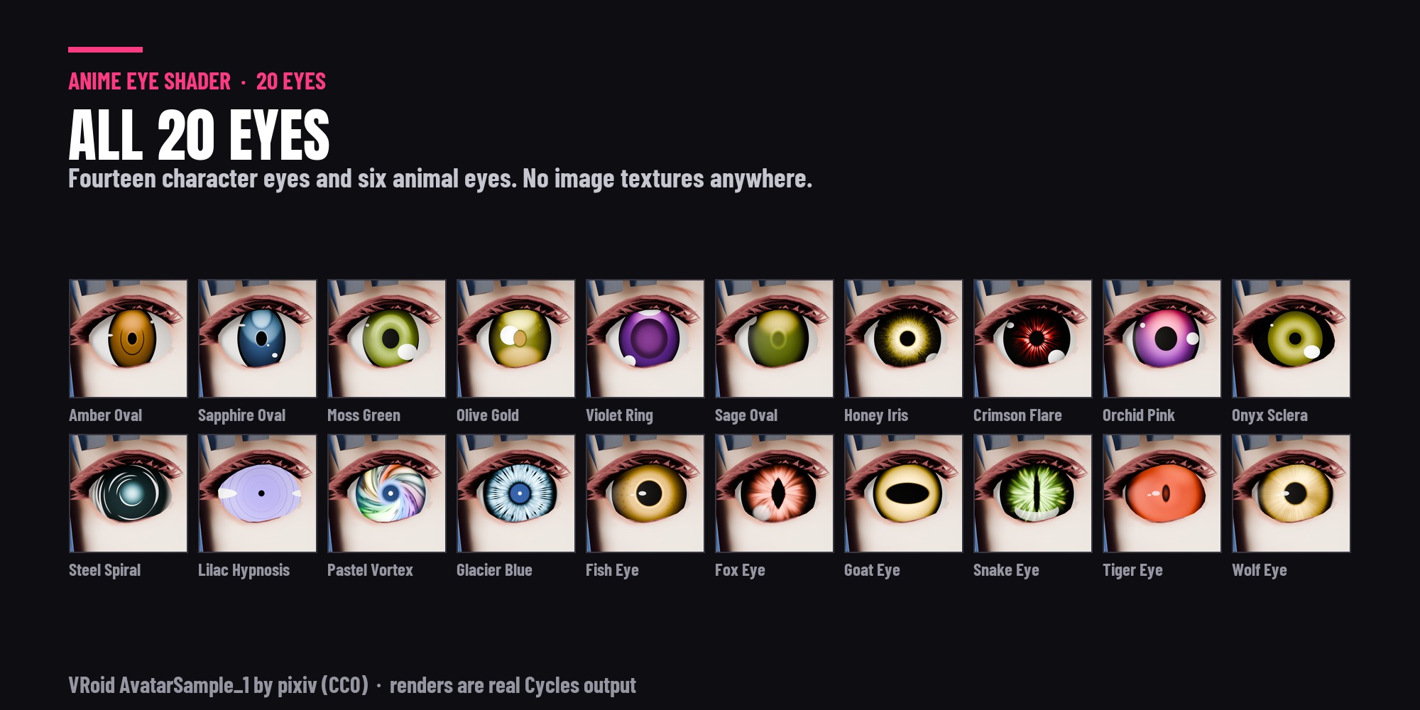 All 20 anime eye shaders in the pack